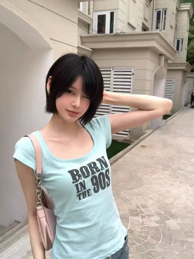210 그램 40 순면 u 칼라 알파벳 반팔 티셔츠 여성 몸매 가꾸기 프린트 맨위 상세 이미지 3