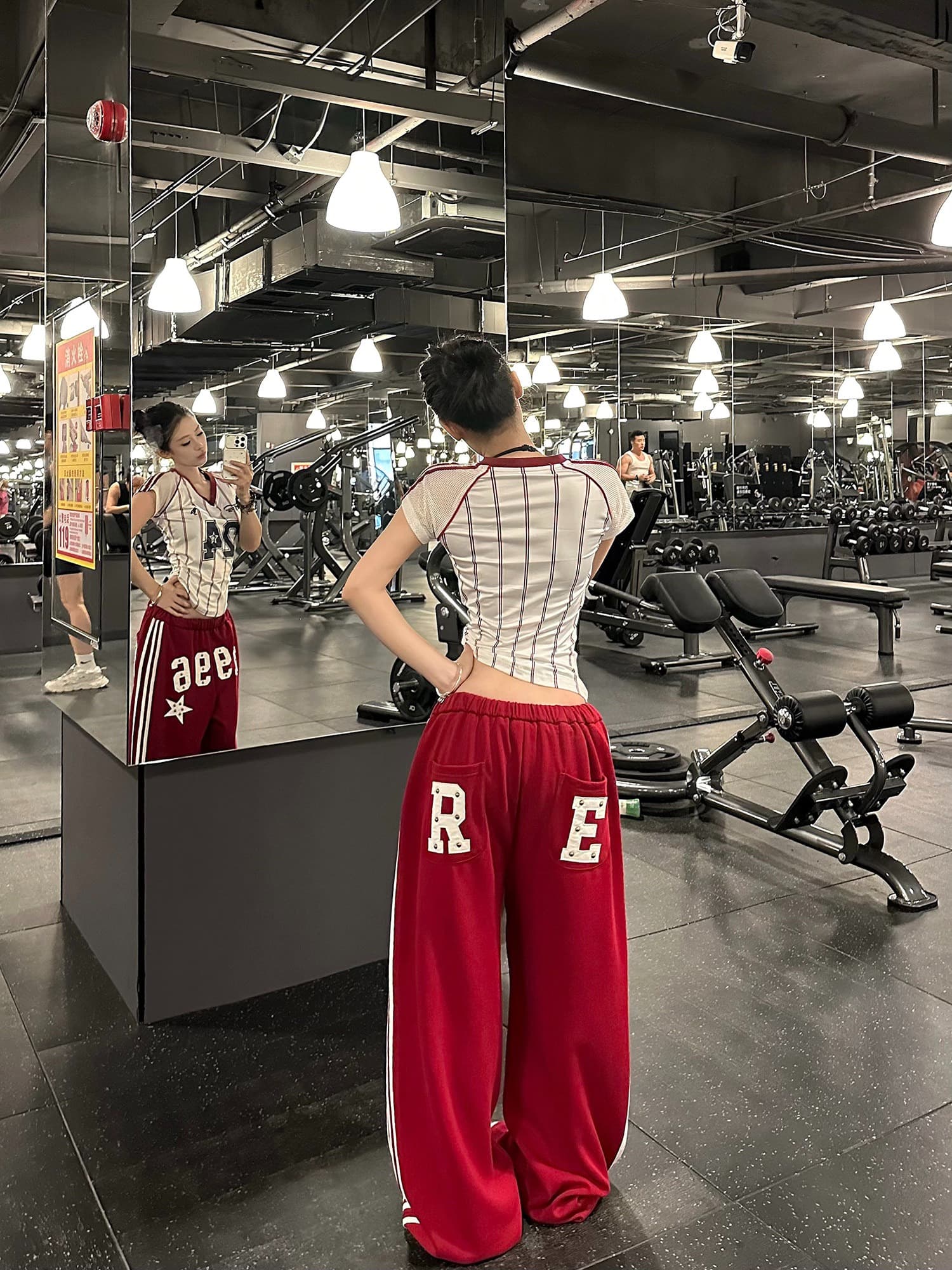 아메리칸 레트로 숫자 패치 징 디자인 센스 웨이 바지 여성 루즈핏 캐주얼 바지 넓은 다리 운동 바지 남자 상세 이미지 7