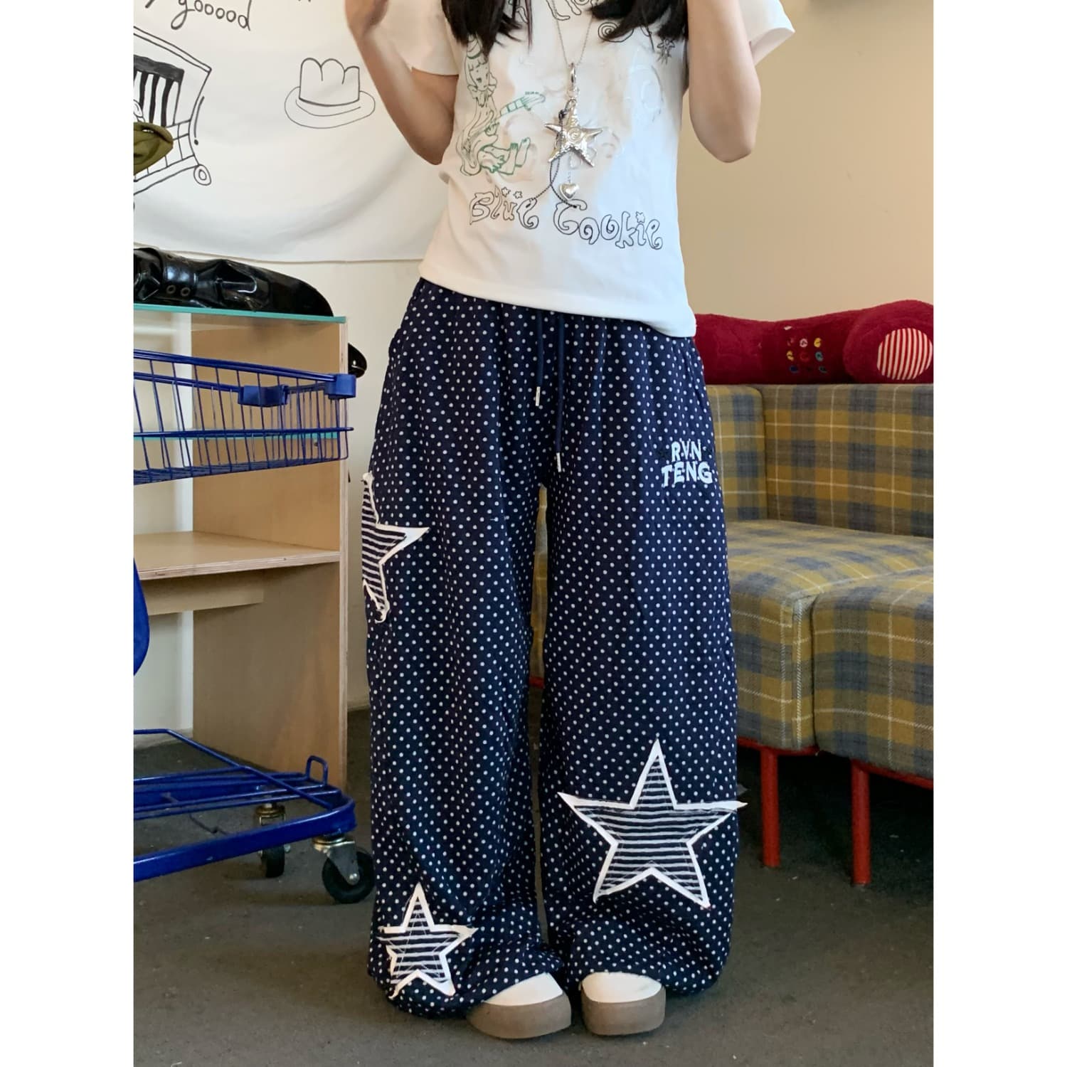 아메리칸 레트로 도트 무늬 프린트 알파벳 자수 캐주얼 바지 여성 여름 다용도 루즈핏 넓은 다리 스트레이트 팬츠 이미지 5
