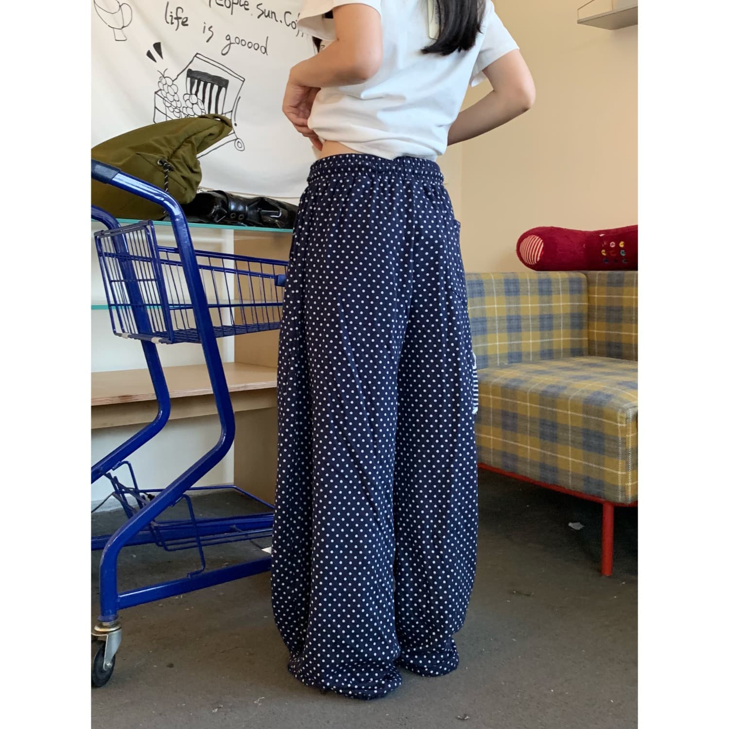 아메리칸 레트로 도트 무늬 프린트 알파벳 자수 캐주얼 바지 여성 여름 다용도 루즈핏 넓은 다리 스트레이트 팬츠 이미지 3