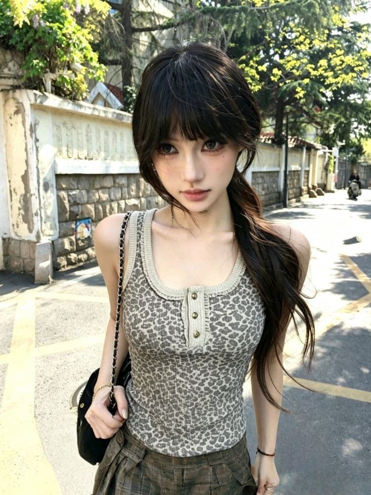 260 그램 사람들 면 모달 레오파드 무늬 프린트 캐미솔 단추 주름 몸매 가꾸기 맨위 이미지 2