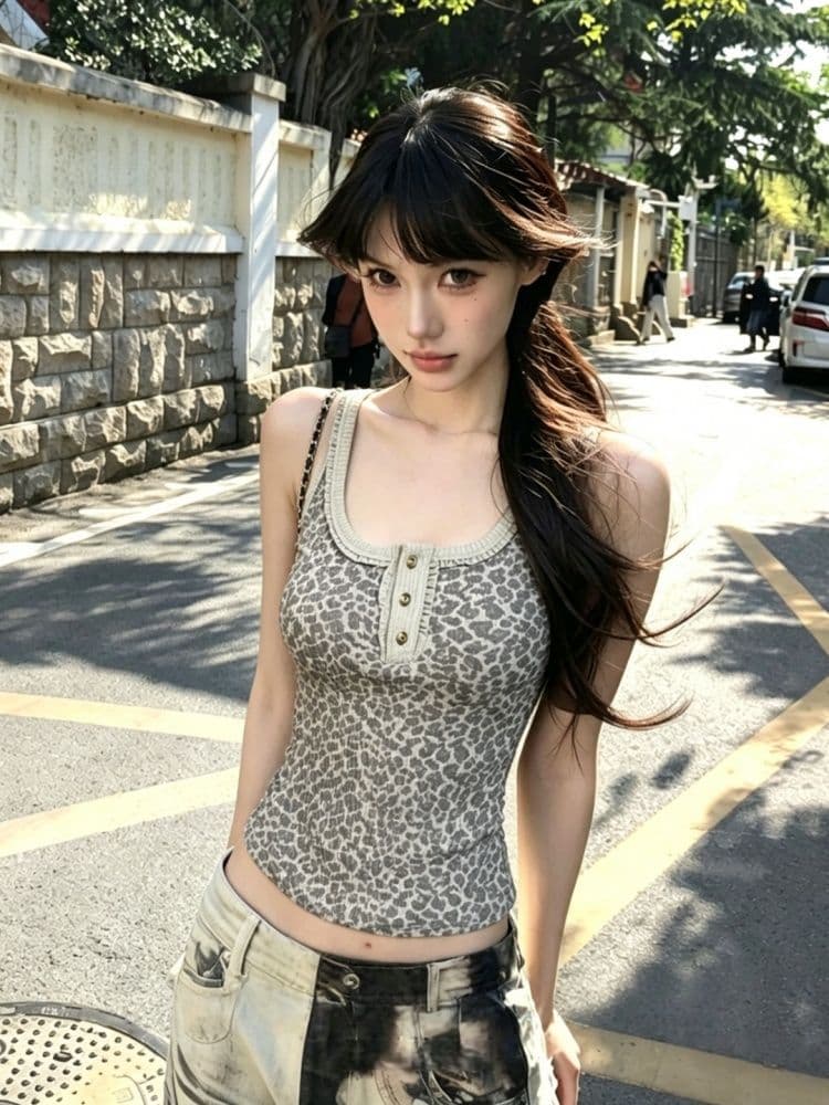 260 그램 사람들 면 모달 레오파드 무늬 프린트 캐미솔 단추 주름 몸매 가꾸기 맨위