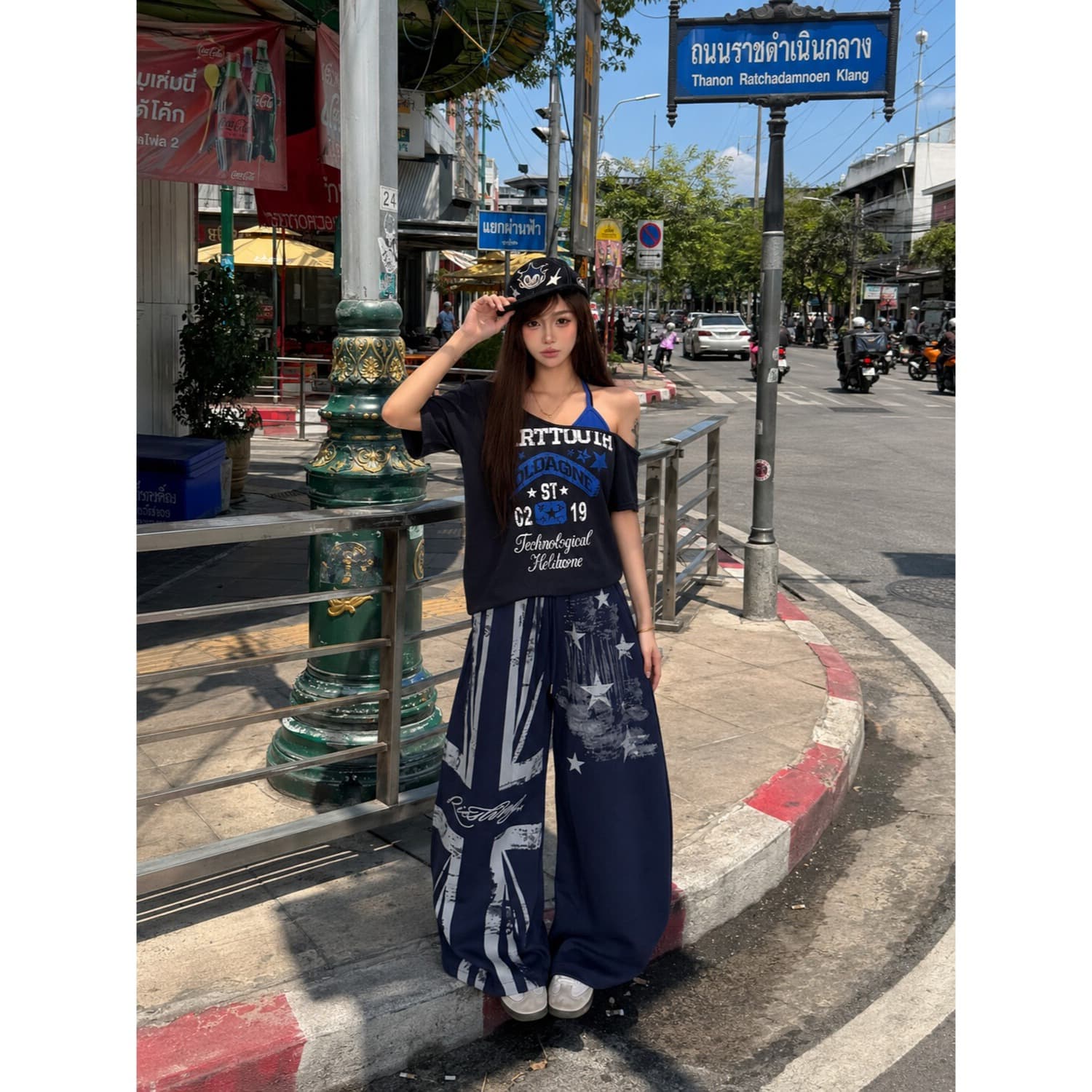 아메리칸 낙서 별 와이드 레그 팬츠 남녀 여름 거리 웃음 하 바람 조거 바지 캐주얼 긴 바지 이미지 3
