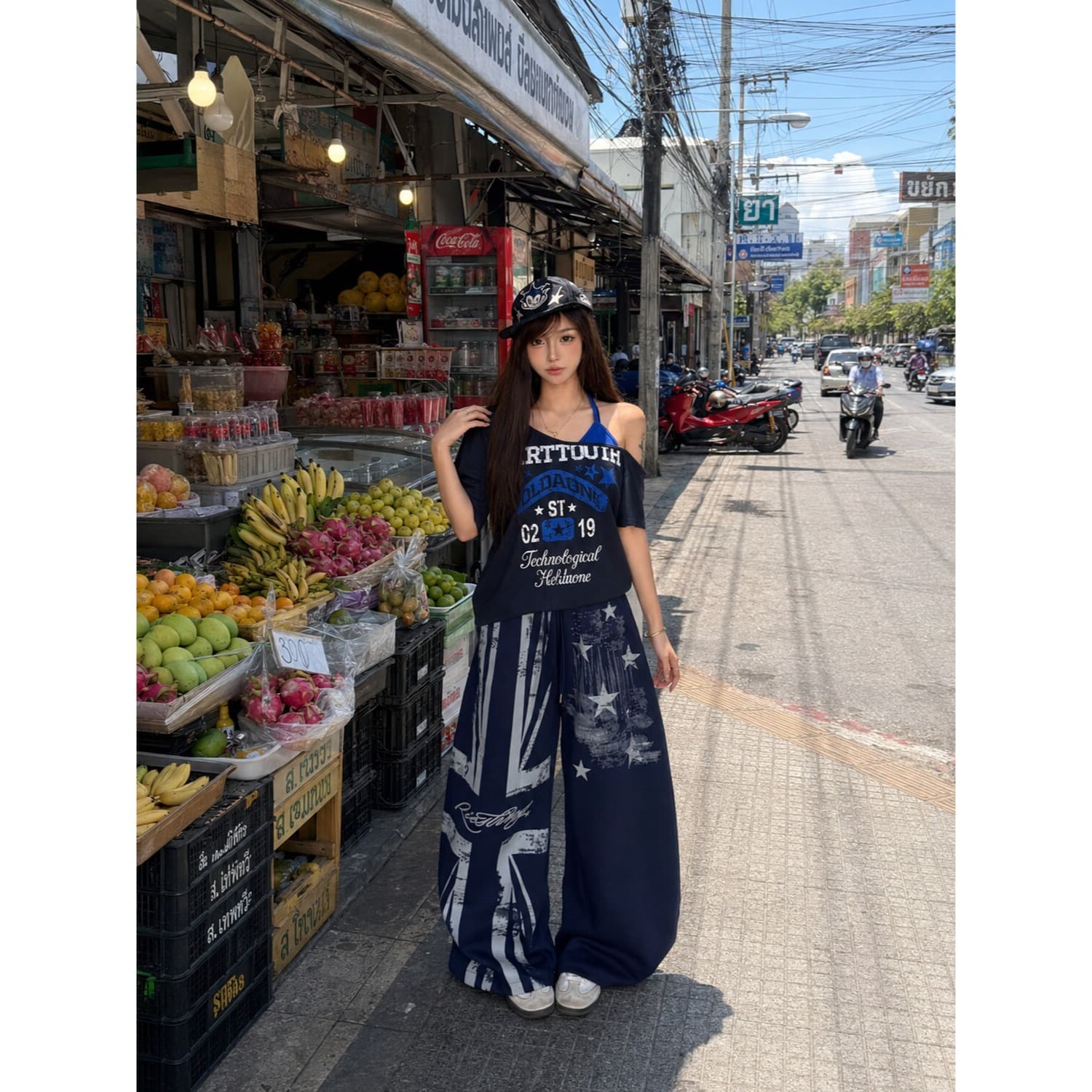 아메리칸 낙서 별 와이드 레그 팬츠 남녀 여름 거리 웃음 하 바람 조거 바지 캐주얼 긴 바지 이미지 5