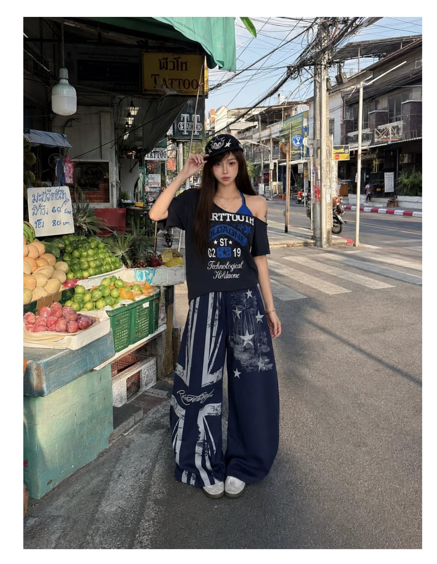 아메리칸 낙서 별 와이드 레그 팬츠 남녀 여름 거리 웃음 하 바람 조거 바지 캐주얼 긴 바지 상세 이미지 3