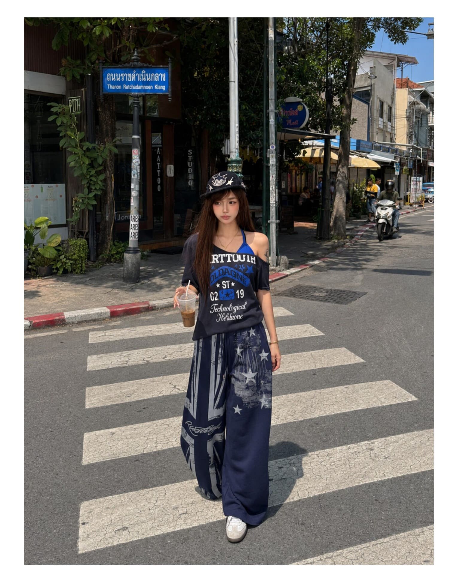 아메리칸 낙서 별 와이드 레그 팬츠 남녀 여름 거리 웃음 하 바람 조거 바지 캐주얼 긴 바지 상세 이미지 7