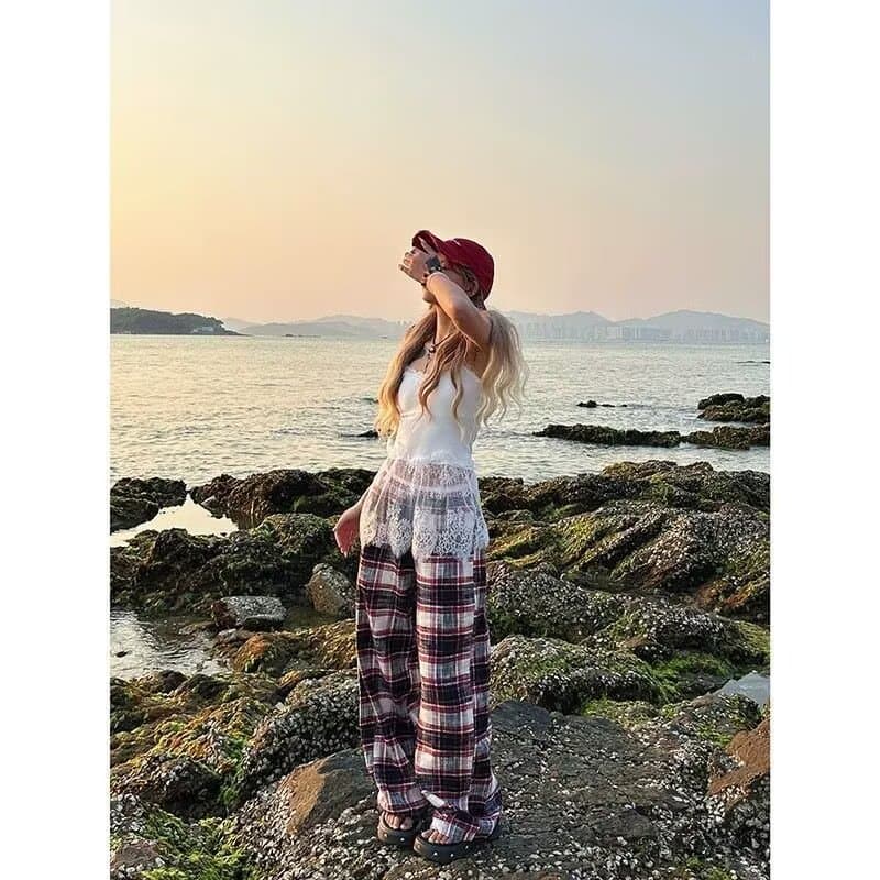 느슨함 센스 체크무늬 캐주얼 바지 남녀 여름 새로운 하이웨이스트 슬림해 보이는 루즈핏 느긋한 스트레이트 와이드 레그 팬츠 상세 이미지 13
