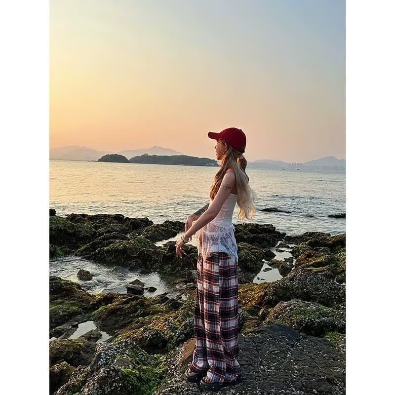 느슨함 센스 체크무늬 캐주얼 바지 남녀 여름 새로운 하이웨이스트 슬림해 보이는 루즈핏 느긋한 스트레이트 와이드 레그 팬츠 상세 이미지 19