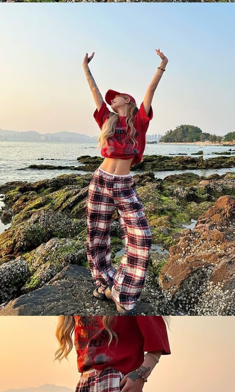 느슨함 센스 체크무늬 캐주얼 바지 남녀 여름 새로운 하이웨이스트 슬림해 보이는 루즈핏 느긋한 스트레이트 와이드 레그 팬츠 상세 이미지 25