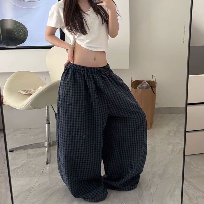 ins 여름 레트로 아메리칸 느긋한 느슨함 배색 넓은 다리 루즈핏 굴곡 체크무늬 캐주얼 바지 상세 이미지 2