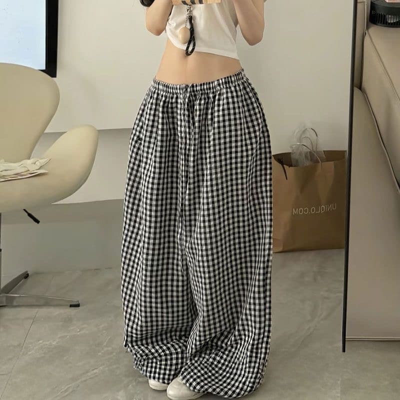 ins 여름 레트로 아메리칸 느긋한 느슨함 배색 넓은 다리 루즈핏 굴곡 체크무늬 캐주얼 바지 상세 이미지 4