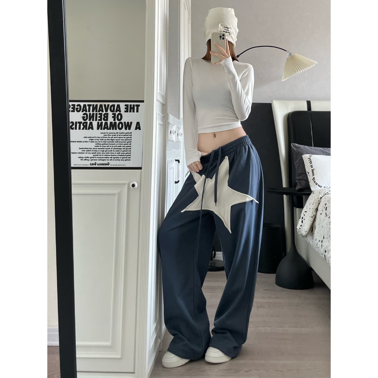 아메리칸 레트로 패치 자수 별 파란색 바지 아이들 디자인 센스 작은 대중 느긋한 바람 스트레이트 와이드 레그 팬츠 이미지 3