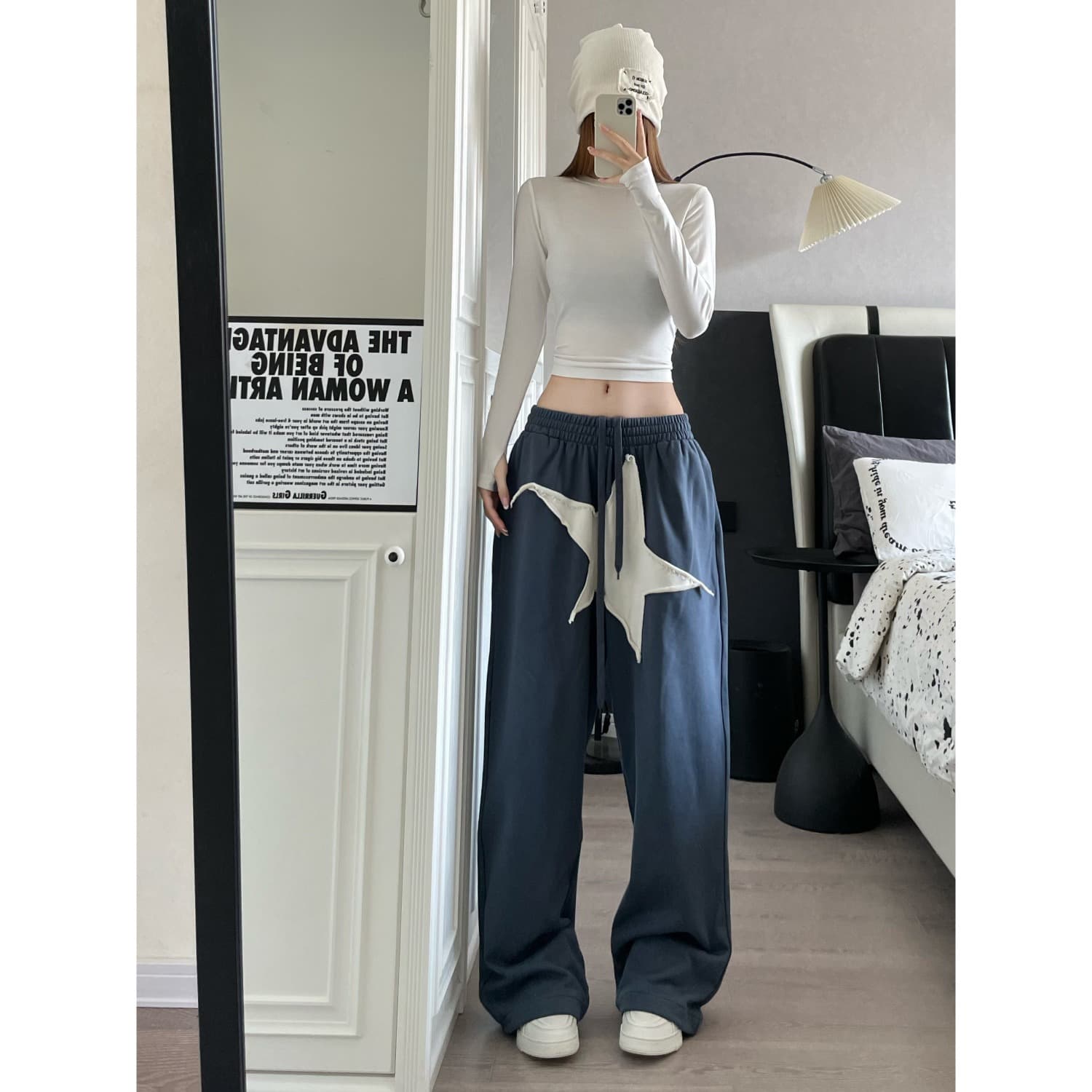 아메리칸 레트로 패치 자수 별 파란색 바지 아이들 디자인 센스 작은 대중 느긋한 바람 스트레이트 와이드 레그 팬츠 이미지 2