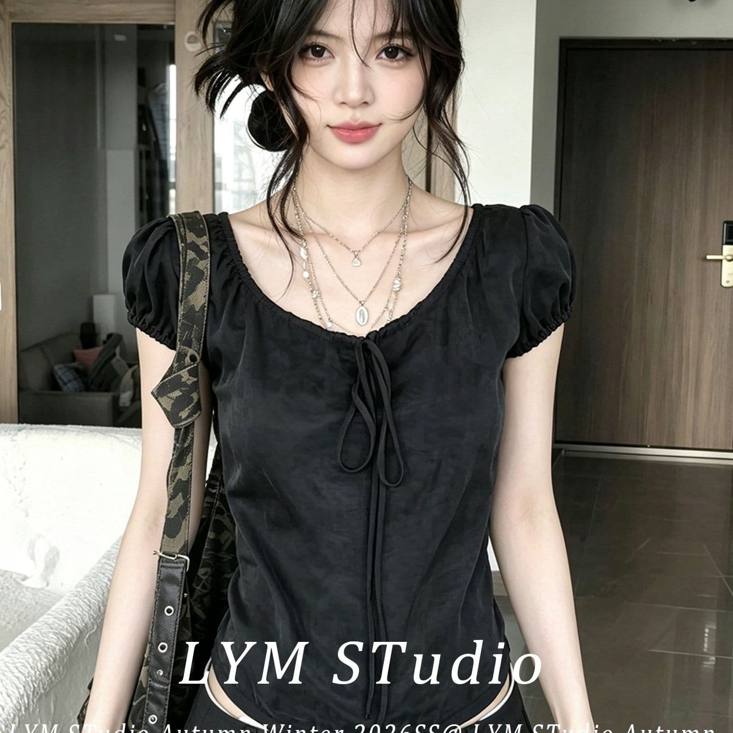한 부서 반팔 셔츠 여자 2026 새로운 프랑스식 맨위 빛 럭셔리 연령 감소 외국 가스 V넥 거품 소매 셔츠 이미지 2