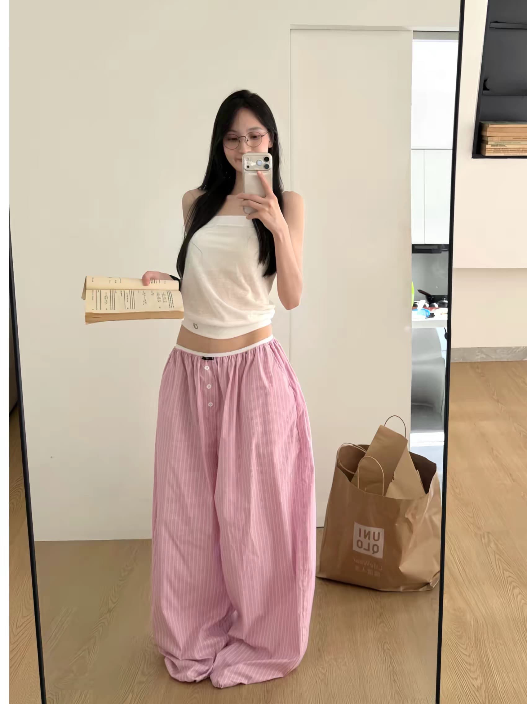 아메리칸 화이트 여성 블루 스트라이프 캐주얼 바지 루즈핏 느긋한 허리밴드 펌프 로프 작은 대중 디자인 다용도 긴 바지 상세 이미지 3