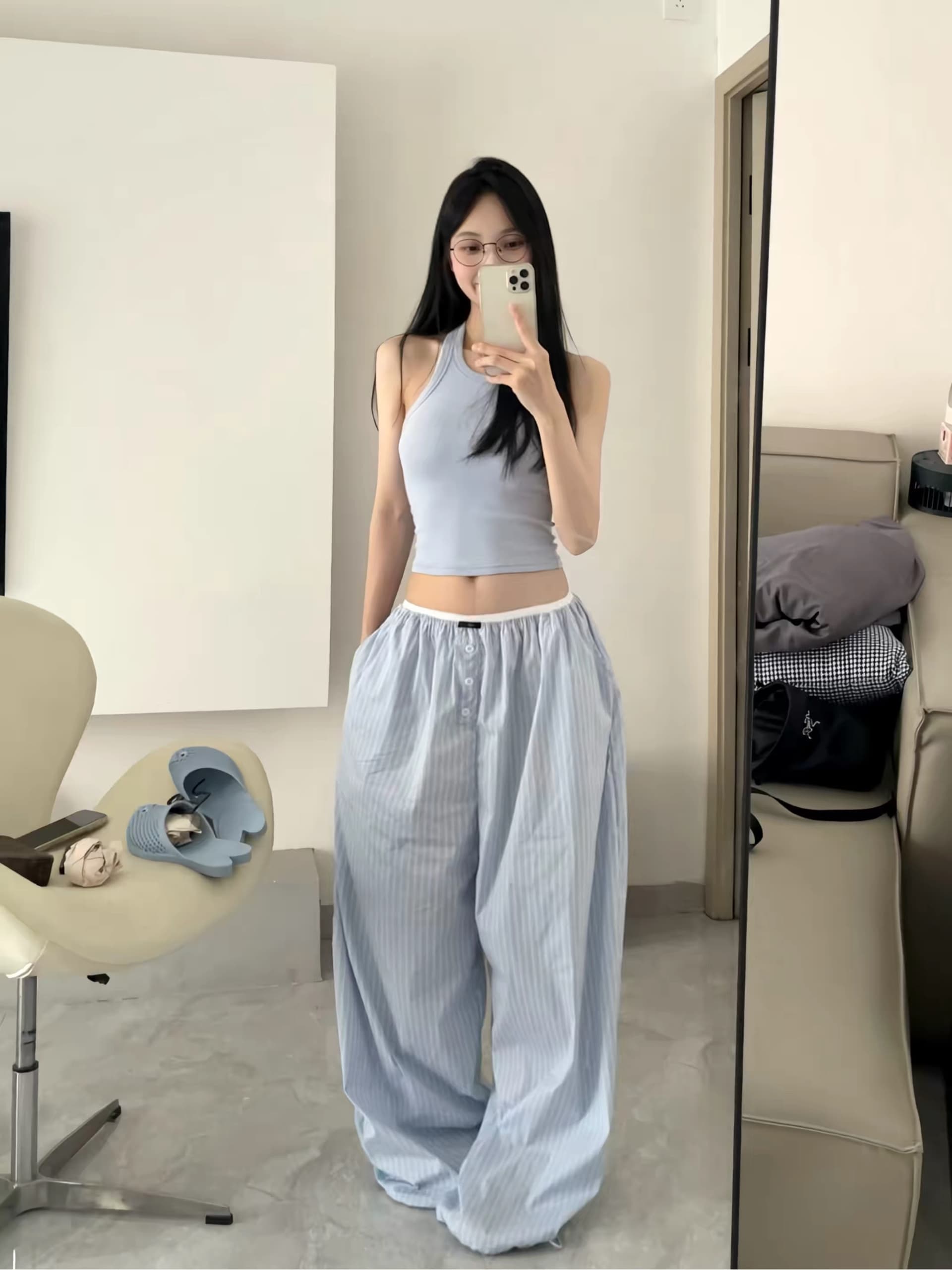 아메리칸 화이트 여성 블루 스트라이프 캐주얼 바지 루즈핏 느긋한 허리밴드 펌프 로프 작은 대중 디자인 다용도 긴 바지 상세 이미지 7