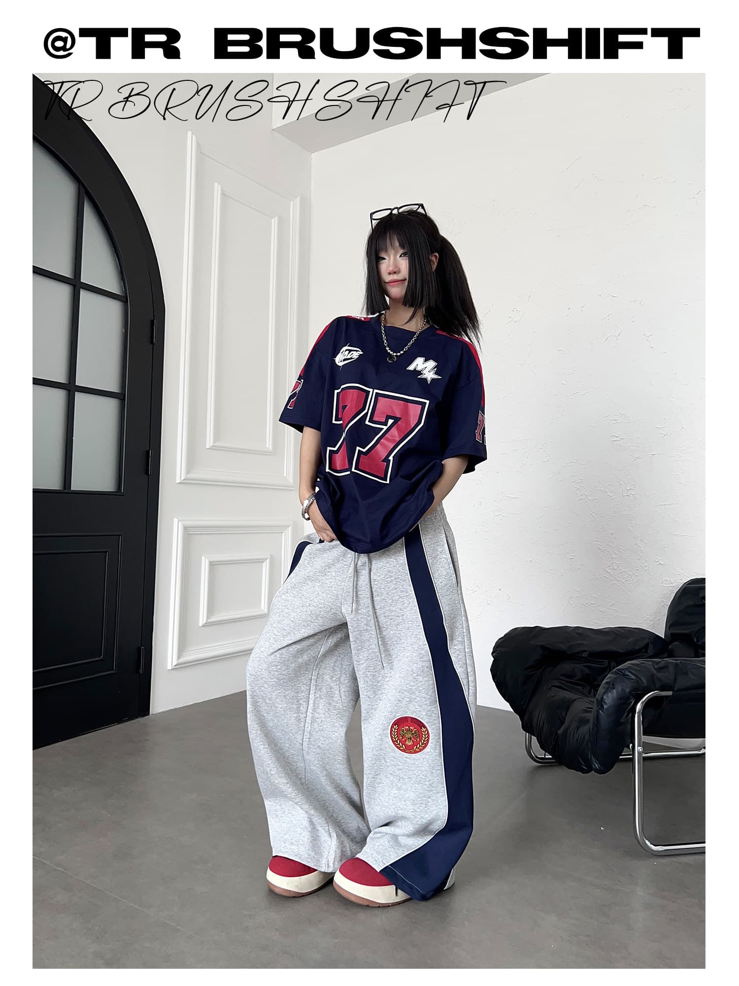 아메리칸 더블 머리 허리 휘장 자수 디자인 웨이 바지 루즈핏 넓은 다리 도루 센스 캐주얼 긴 바지 상세 이미지 2