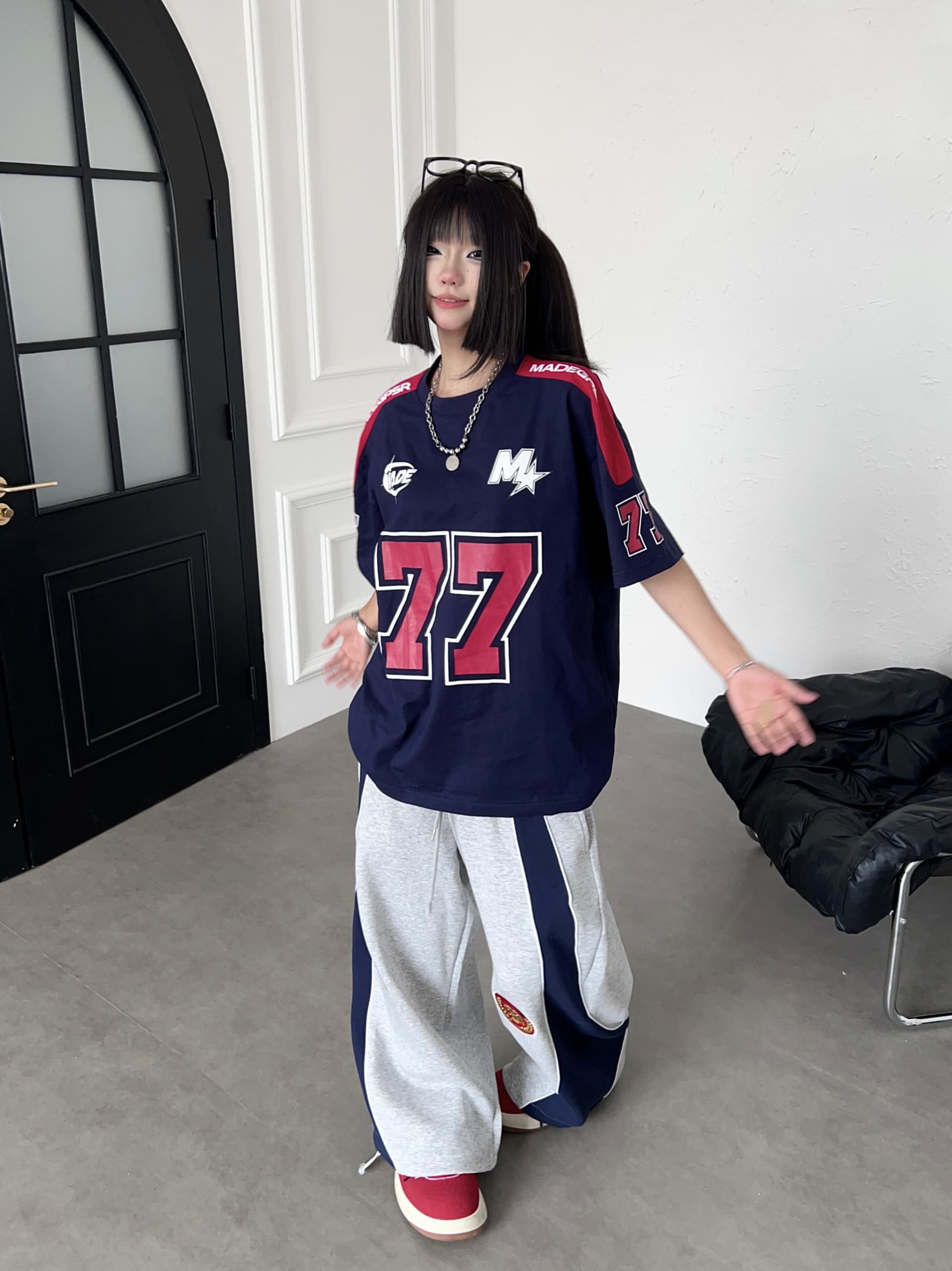 아메리칸 더블 머리 허리 휘장 자수 디자인 웨이 바지 루즈핏 넓은 다리 도루 센스 캐주얼 긴 바지 상세 이미지 14
