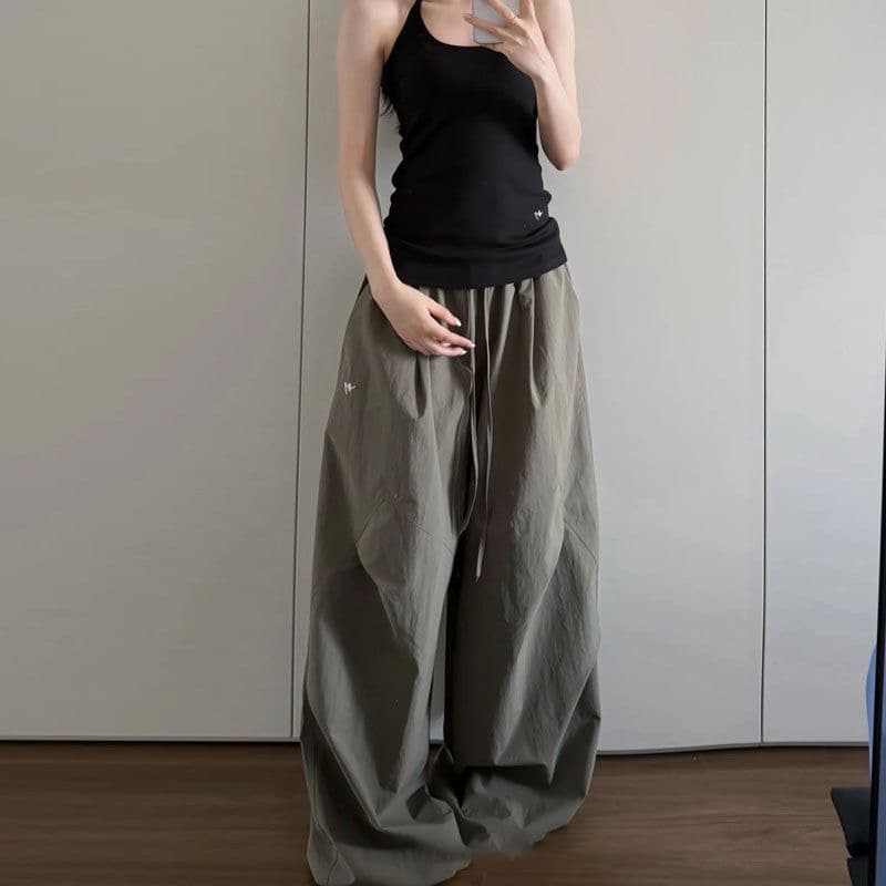 차가운 센스 속도 건조한 ins 여름 레트로 아메리칸 느긋한 바람 패치워크 펌프 Pleat 넓은 다리 루즈핏 얇은 스타일 캐주얼 바지 상세 이미지 1