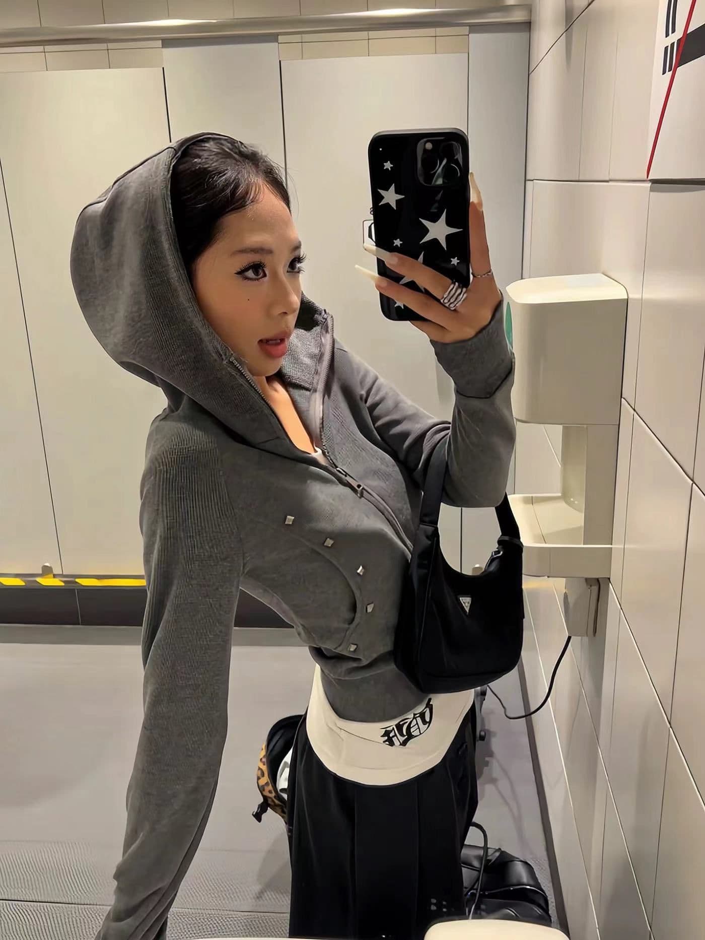 면 달팽이 구두 아메리칸 레트로 징 몸매 가꾸기 지퍼 짧은 여성 코트 디자인 센스 회색 오픈 가디건 후드티 트렌디