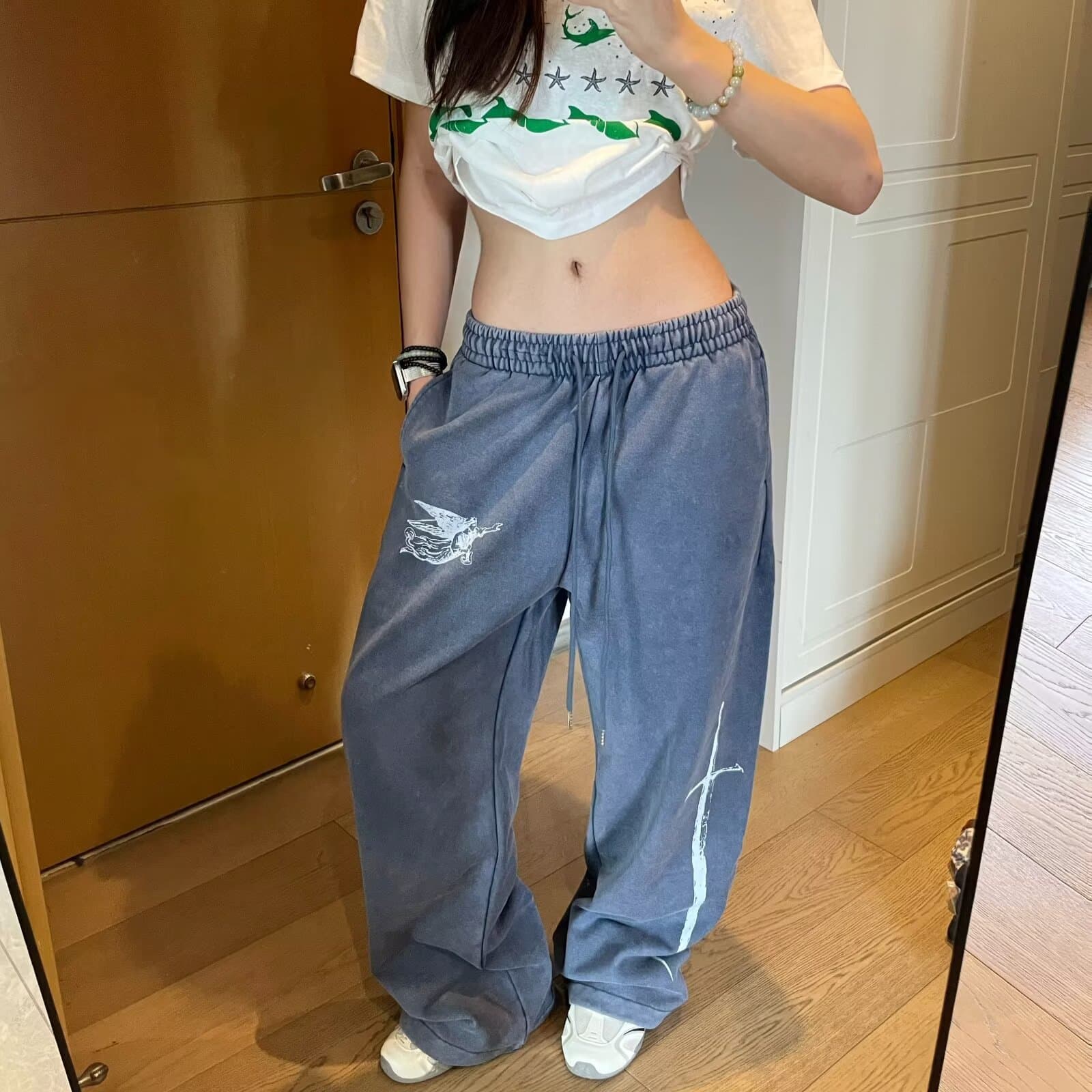 한국 작은 대중 badblood 아메리칸 레트로 핫걸 슬림해 보이는 넓은 다리 모통이 칼 바지 여성 레저 루즈핏 운동 바지 상세 이미지 8