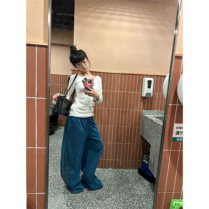 좋은 품질 스타일 느긋한 바람 알파벳 프린트 넓은 다리 캐주얼 바지 남녀 루즈핏 도루 센스 스트레이트 다용도 긴 바지 트렌디 이미지 5