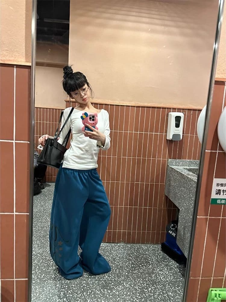 좋은 품질 스타일 느긋한 바람 알파벳 프린트 넓은 다리 캐주얼 바지 남녀 루즈핏 도루 센스 스트레이트 다용도 긴 바지 트렌디 상세 이미지 3