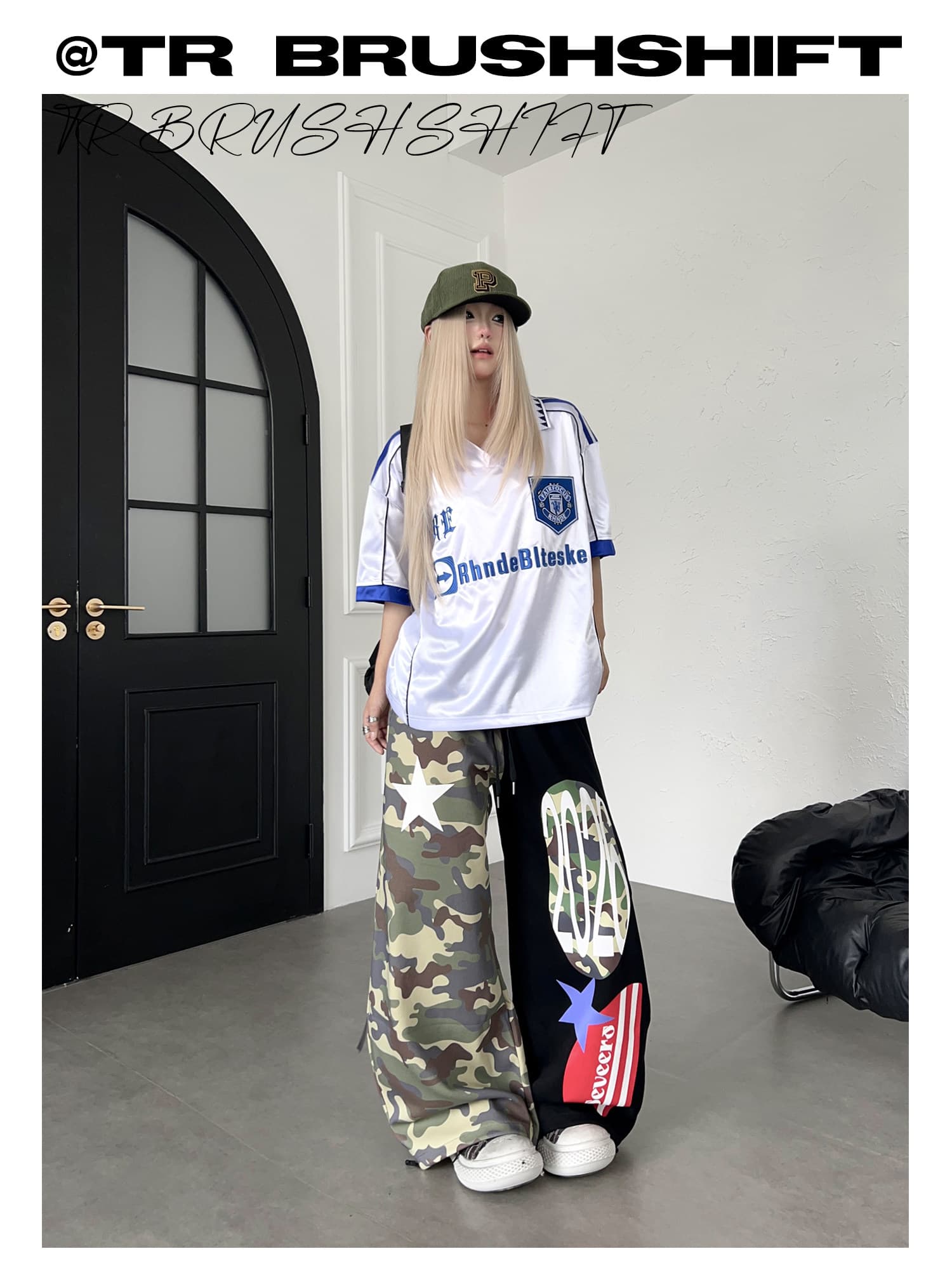 아메리칸 거리 카모플라주 패치워크 별 스트라이프 프린트 캐주얼 바지 넓은 다리 펌프 로프 웨이 바지 상세 이미지 2