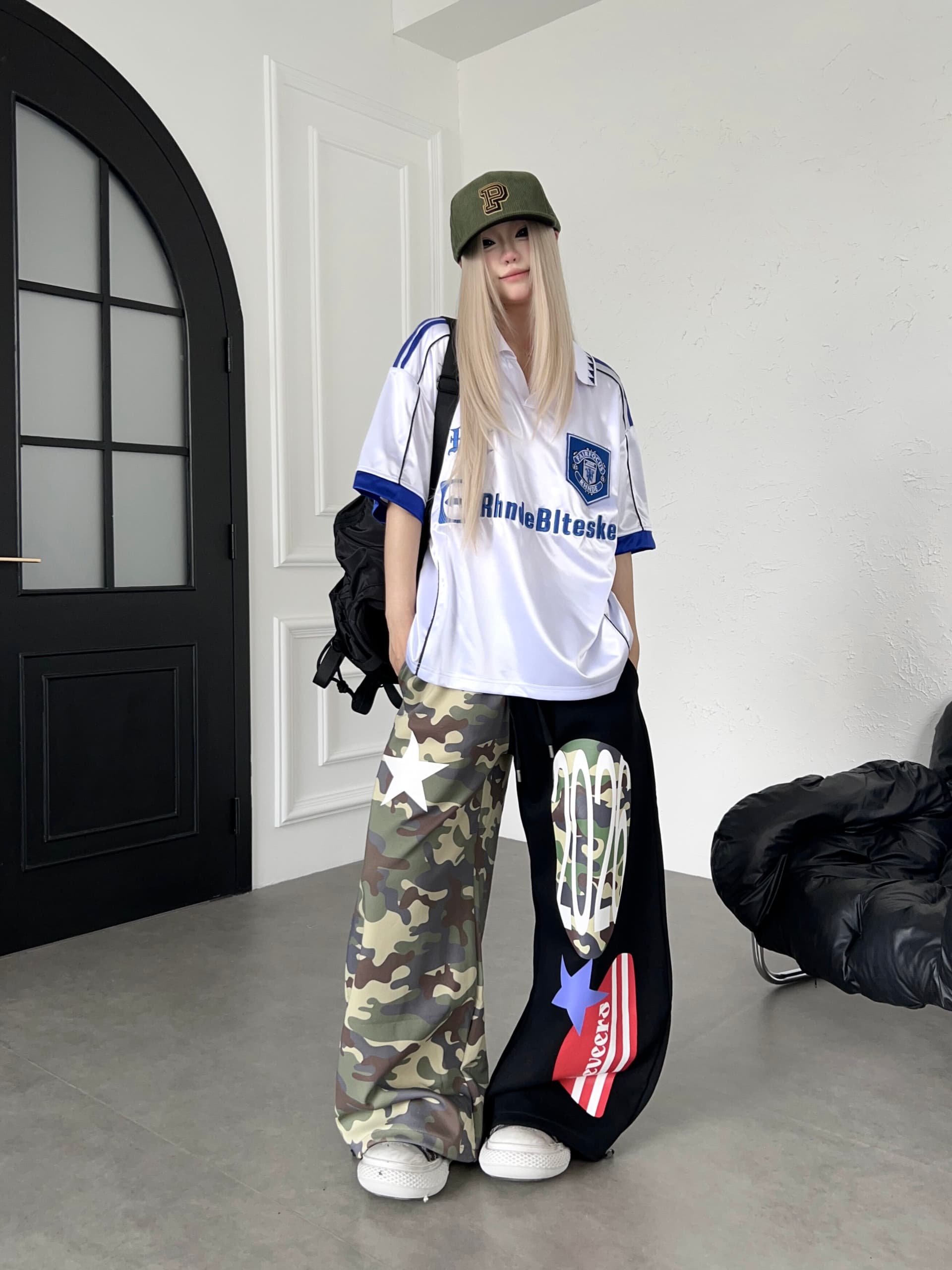 아메리칸 거리 카모플라주 패치워크 별 스트라이프 프린트 캐주얼 바지 넓은 다리 펌프 로프 웨이 바지 상세 이미지 10