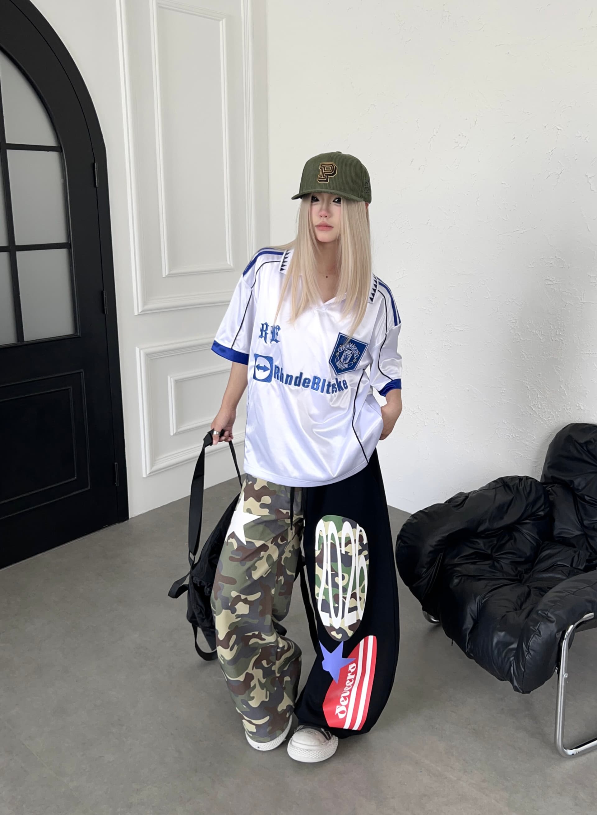 아메리칸 거리 카모플라주 패치워크 별 스트라이프 프린트 캐주얼 바지 넓은 다리 펌프 로프 웨이 바지 상세 이미지 11