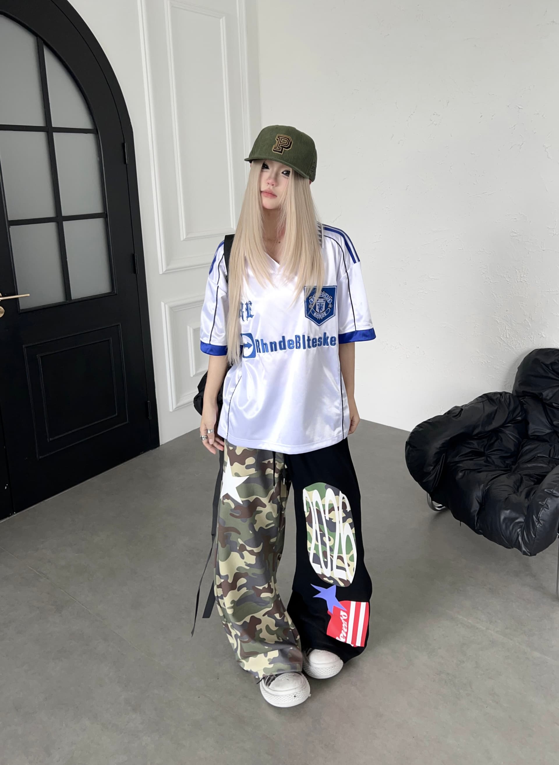 아메리칸 거리 카모플라주 패치워크 별 스트라이프 프린트 캐주얼 바지 넓은 다리 펌프 로프 웨이 바지 상세 이미지 13