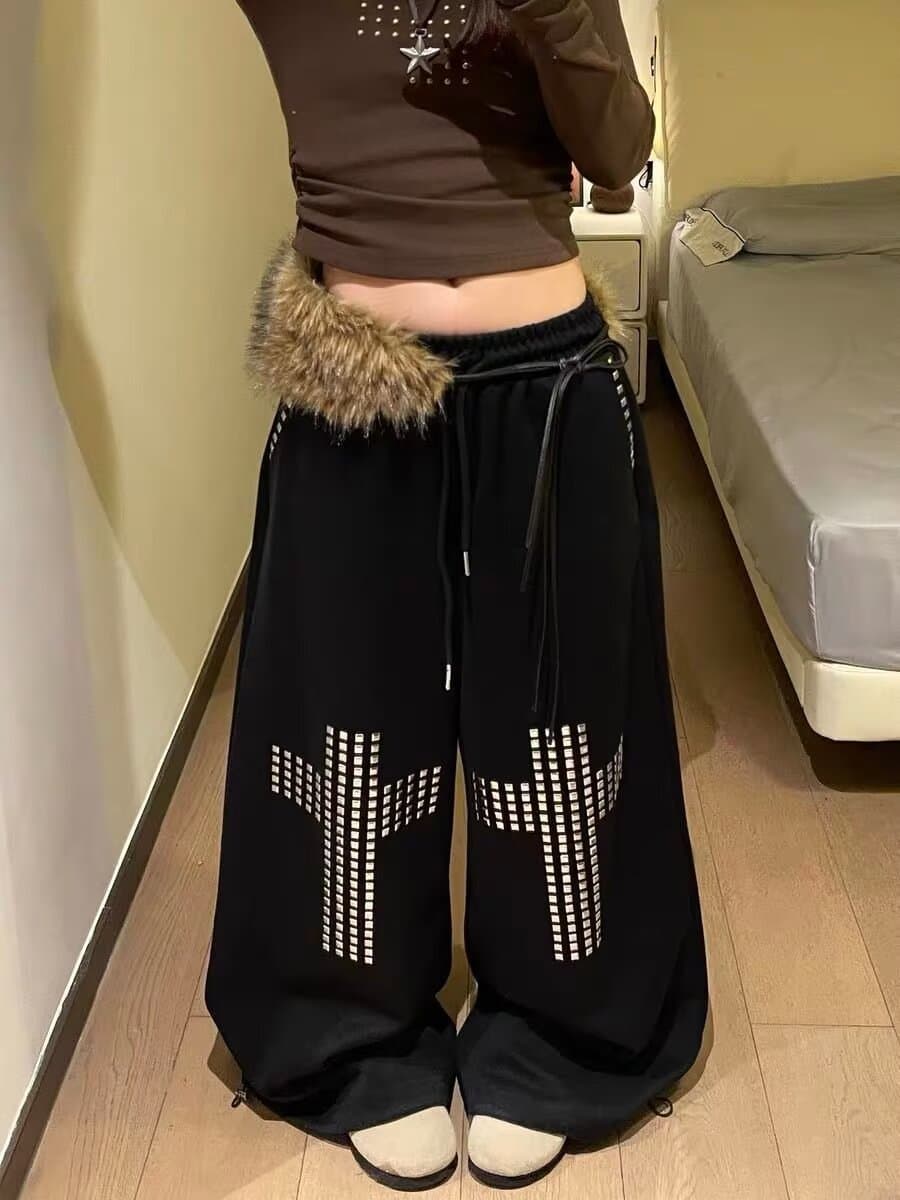 아메리칸 레트로 검정색 징 핫픽스 워크웨어 캐주얼 바지 여자 높음 거리 디자인 센스 루즈핏 도루 센스 와이드 레그 팬츠 어린이 상세 이미지 10