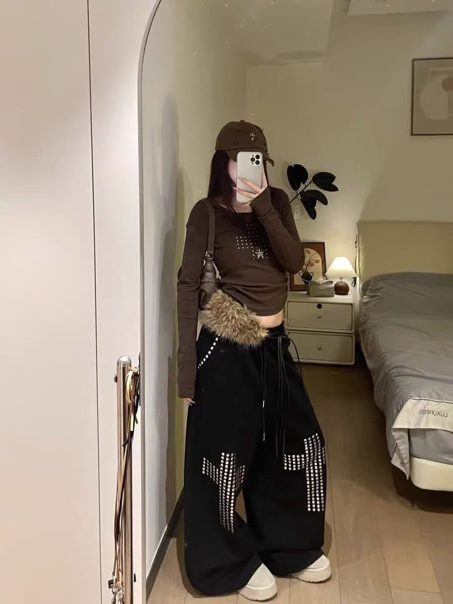 아메리칸 레트로 검정색 징 핫픽스 워크웨어 캐주얼 바지 여자 높음 거리 디자인 센스 루즈핏 도루 센스 와이드 레그 팬츠 어린이 상세 이미지 11