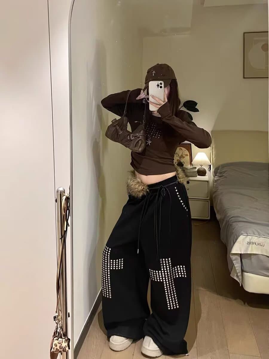 아메리칸 레트로 검정색 징 핫픽스 워크웨어 캐주얼 바지 여자 높음 거리 디자인 센스 루즈핏 도루 센스 와이드 레그 팬츠 어린이 상세 이미지 12