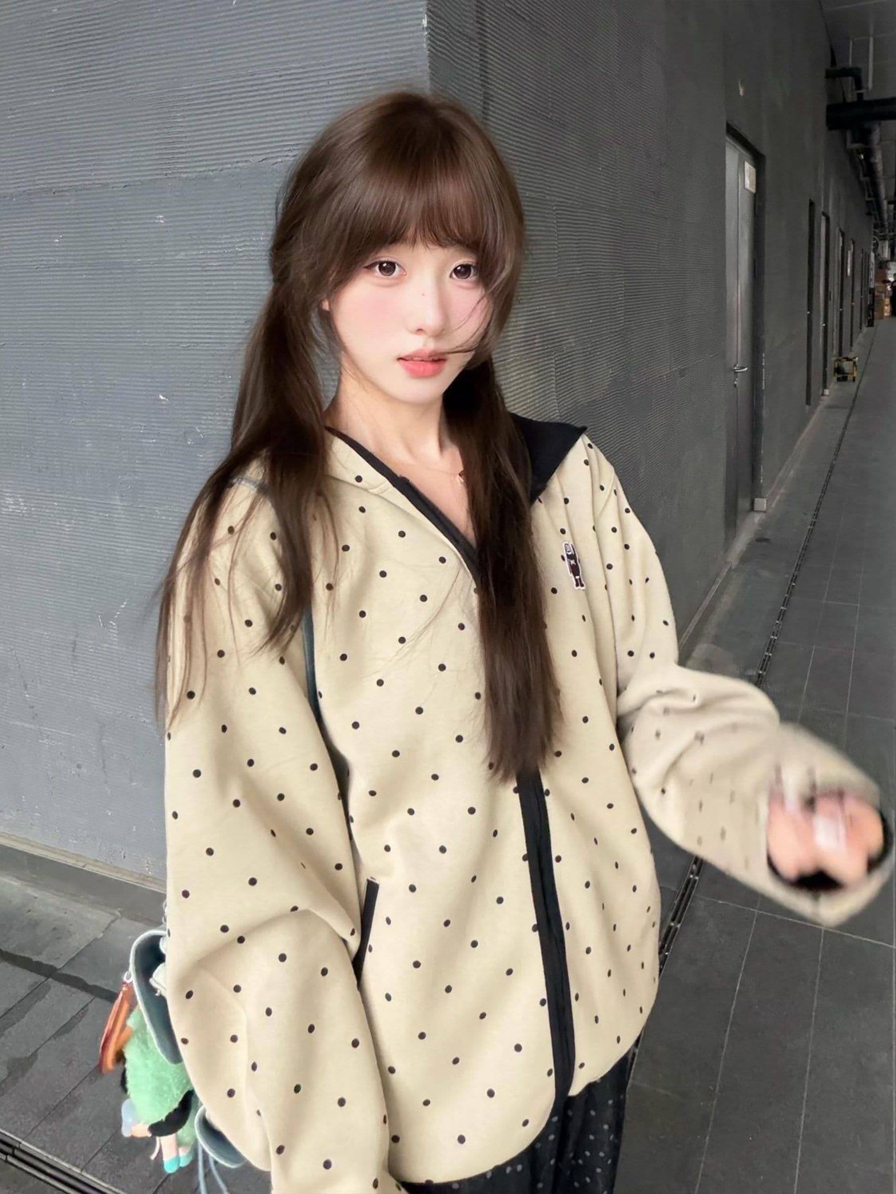 얇은 스타일 자수 소매 구멍 압력 라인 원본 당겨서 측면 순수한 Mianhua 면 복합 후드티 여성 상세 이미지 4