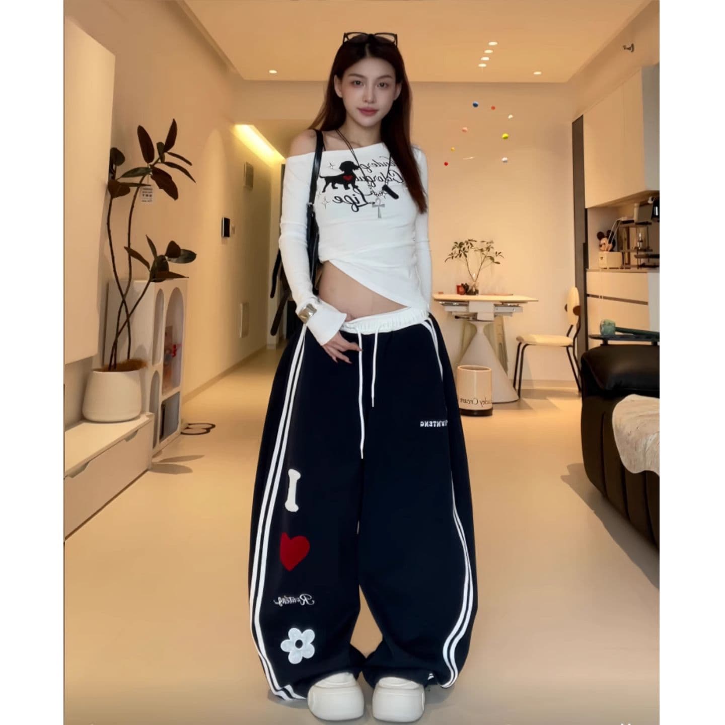 알파벳 자수 아메리칸 레트로 봄과 가을 캐주얼 바지 여성 핫걸 재즈 댄스 바지 루즈핏 와이드 레그 팬츠 웨이 바지 이미지 2