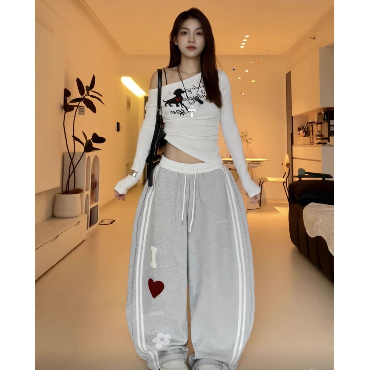 알파벳 자수 아메리칸 레트로 봄과 가을 캐주얼 바지 여성 핫걸 재즈 댄스 바지 루즈핏 와이드 레그 팬츠 웨이 바지 상세 이미지 9