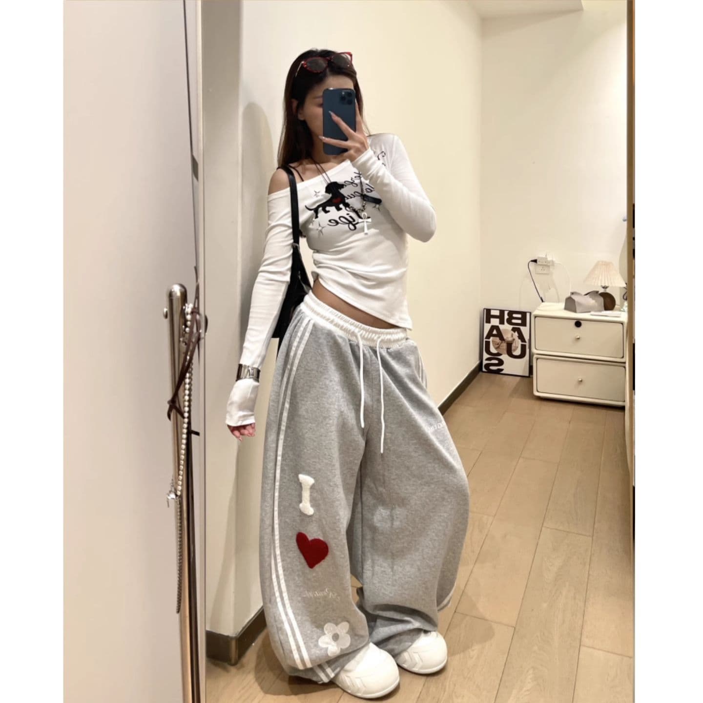 알파벳 자수 아메리칸 레트로 봄과 가을 캐주얼 바지 여성 핫걸 재즈 댄스 바지 루즈핏 와이드 레그 팬츠 웨이 바지 상세 이미지 10