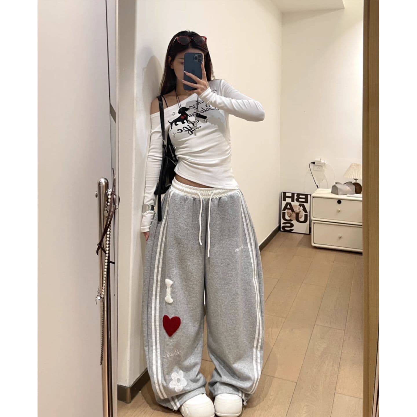 알파벳 자수 아메리칸 레트로 봄과 가을 캐주얼 바지 여성 핫걸 재즈 댄스 바지 루즈핏 와이드 레그 팬츠 웨이 바지 상세 이미지 11