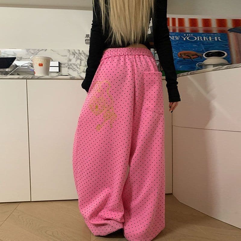 가을 ins 인터넷 유명인 레트로 아메리칸 달콤한 차가운 도트 무늬 프린트 넓은 다리 루즈핏 캐주얼 바지 이미지 4