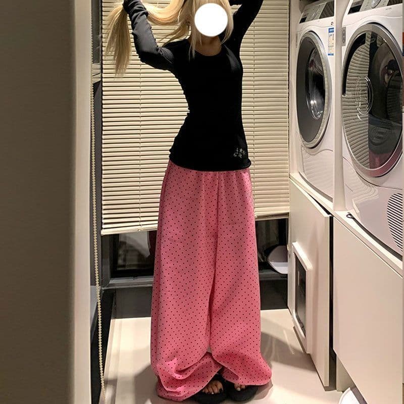 가을 ins 인터넷 유명인 레트로 아메리칸 달콤한 차가운 도트 무늬 프린트 넓은 다리 루즈핏 캐주얼 바지 상세 이미지 6