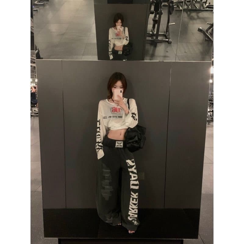 무거운 워싱 마 오래된 알파벳 프린트 권투 웨이 바지 남녀 루즈핏 넓은 다리 도루 센스 재즈 댄스 모통이 칼 캐주얼 바지 이미지 2