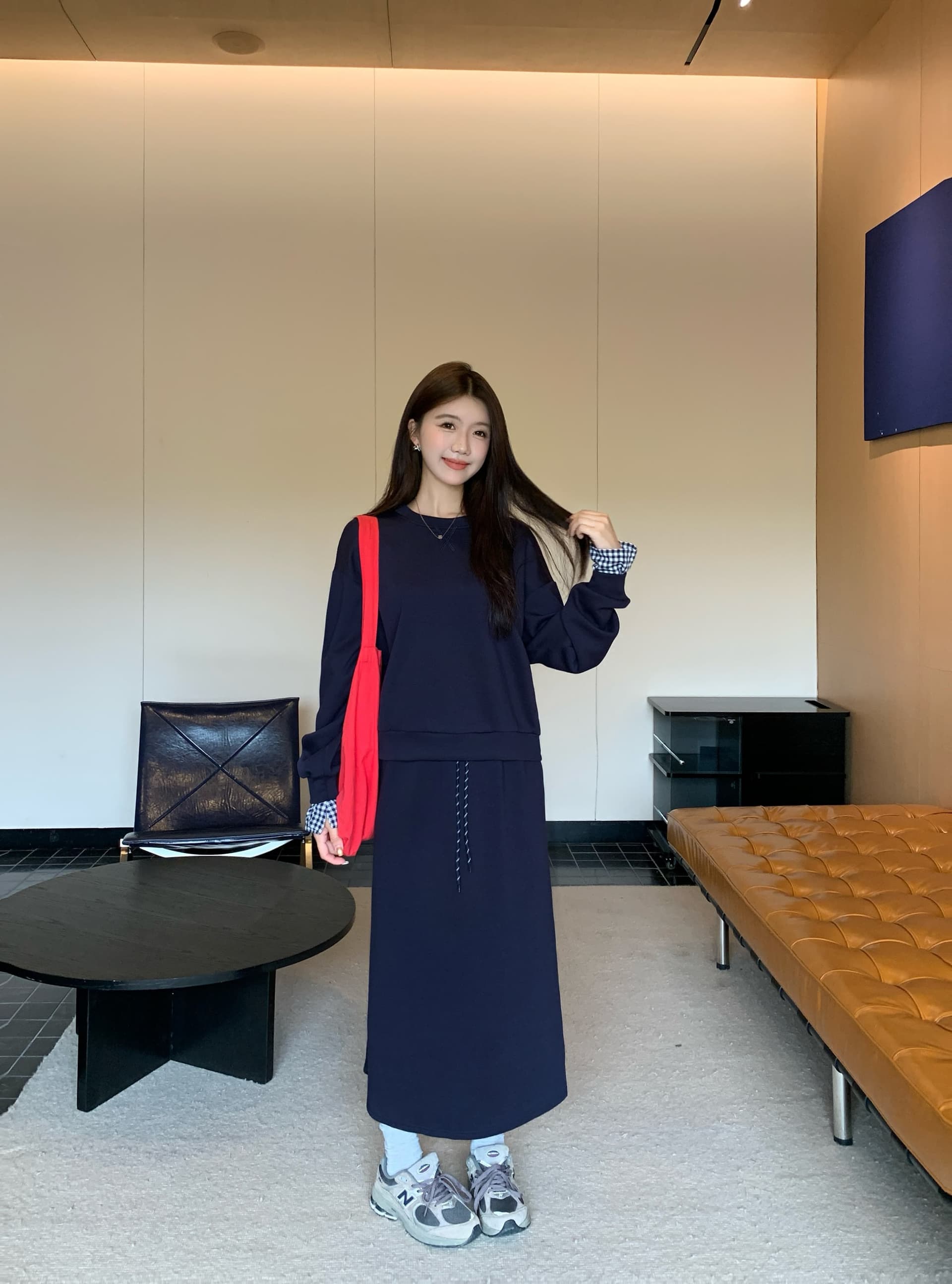 빅 사이즈 아메리칸 레트로 회색 스포츠 슈트 여성 셔츠 반신 스커트 투피스 세트 상세 이미지 8