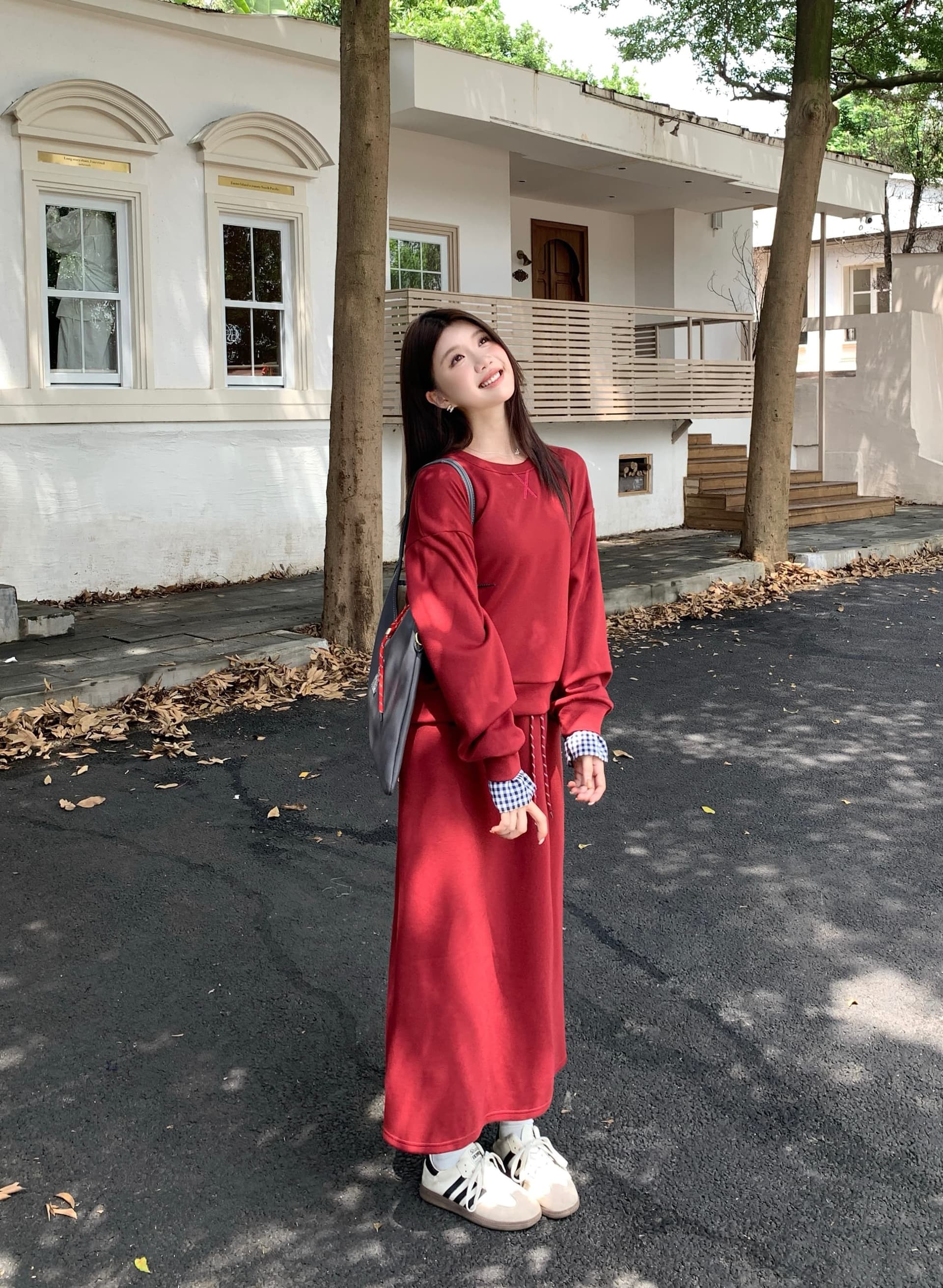 빅 사이즈 아메리칸 레트로 회색 스포츠 슈트 여성 셔츠 반신 스커트 투피스 세트 상세 이미지 22