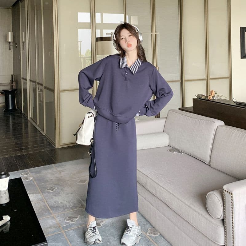 빅 사이즈 여성 의류 지방 mm 한국 스타일 폴로 칼라 페이크 레이어드 긴팔 후드티 반신 스커트 가을 슬림해 보이는 패션 세트 이미지 2