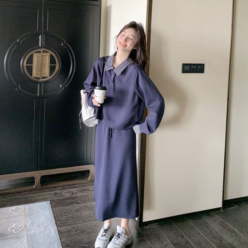 빅 사이즈 여성 의류 지방 mm 한국 스타일 폴로 칼라 페이크 레이어드 긴팔 후드티 반신 스커트 가을 슬림해 보이는 패션 세트 이미지 3
