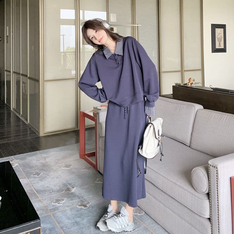 빅 사이즈 여성 의류 지방 mm 한국 스타일 폴로 칼라 페이크 레이어드 긴팔 후드티 반신 스커트 가을 슬림해 보이는 패션 세트