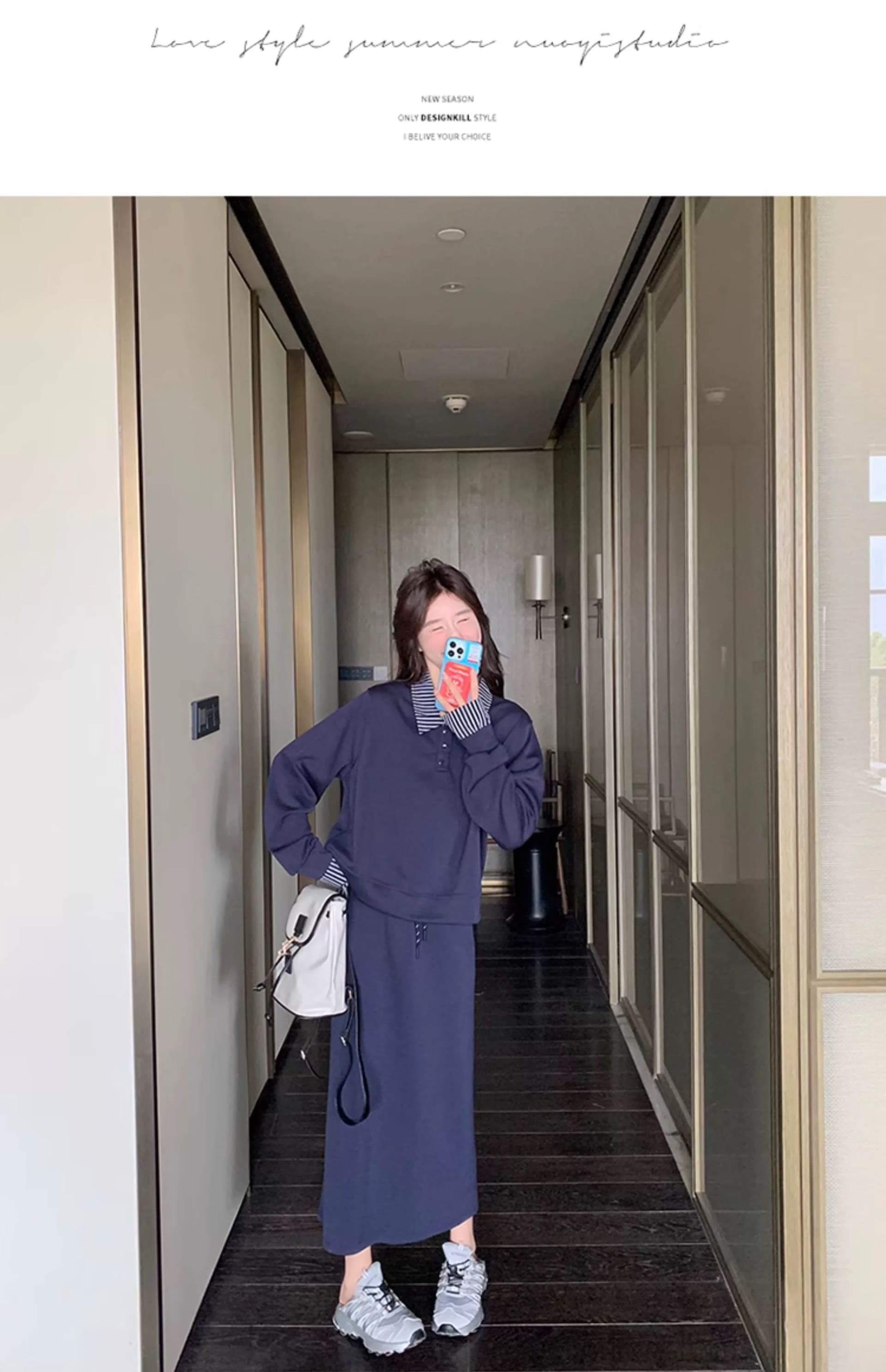 빅 사이즈 여성 의류 지방 mm 한국 스타일 폴로 칼라 페이크 레이어드 긴팔 후드티 반신 스커트 가을 슬림해 보이는 패션 세트 상세 이미지 3