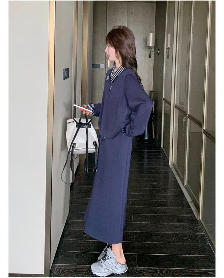 빅 사이즈 여성 의류 지방 mm 한국 스타일 폴로 칼라 페이크 레이어드 긴팔 후드티 반신 스커트 가을 슬림해 보이는 패션 세트 상세 이미지 4