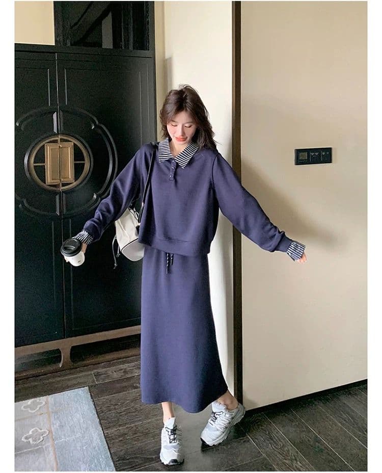 빅 사이즈 여성 의류 지방 mm 한국 스타일 폴로 칼라 페이크 레이어드 긴팔 후드티 반신 스커트 가을 슬림해 보이는 패션 세트 상세 이미지 5